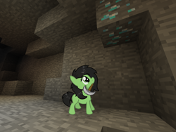 Size: 2000x1500 | Tagged: safe, artist:craftycirclepony, derpibooru original, oc, oc only, oc:filly anon, species:earth pony, species:pony, adoranon, cave, chest fluff, cute, diamond, diamond ore, female, filly, iron pickaxe, looking up, minecraft, mouth hold, smol, solo, starry eyes, wingding eyes