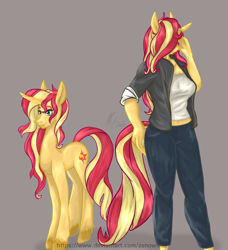 Size: 984x1080 | Tagged: safe, artist:zsnowfilez, character:sunset shimmer, species:anthro, species:pony, species:unicorn, anthro ponidox, clothing, female, gray background, jacket, mare, pants, shirt, simple background, solo