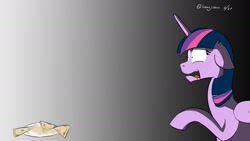 Size: 1536x864 | Tagged: safe, artist:soccy, character:twilight sparkle, character:twilight sparkle (alicorn), species:alicorn, species:pony, newbie artist training grounds, atg 2020, fear, female, food, quesadilla, raised hoof, simple background, solo, sweat, terrified, they're just so cheesy, turophobia