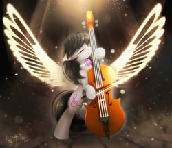 Size: 1000x865 | Tagged: safe, artist:lostdreamm, character:octavia melody, species:earth pony, species:pony, bow (instrument), cello, cello bow, crepuscular rays, eyes closed, female, mare, musical instrument, necktie, open mouth, solo, wings