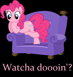 Size: 492x520 | Tagged: safe, artist:tryhardbrony, edit, character:pinkie pie, black background, couch, phineas and ferb, photoshop, pink text, simple background, text, text edit, vector
