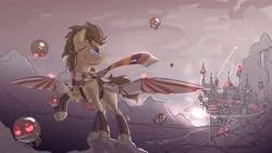 Size: 3974x2246 | Tagged: safe, artist:rysunkowasucharia, character:doctor whooves, character:time turner, species:earth pony, species:pony, artificial wings, augmented, canterlot, canterlot castle, clothing, mechanical wing, parasprite, raised hoof, robot, scarf, sketch, wings