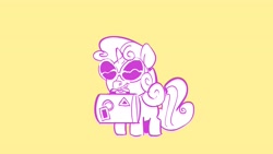 Size: 3410x1918 | Tagged: safe, artist:kylesmeallie, character:sweetie belle, species:pony, species:unicorn, female, giddy up, orange background, simple background, solo, suitcase, sunglasses