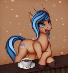 Size: 1332x1446 | Tagged: safe, artist:batsdisaster, oc, oc only, species:earth pony, species:pony, antennae, coffee, cup, fangs, female, looking at you, mare, race swap, solo, table, vampire, vampony