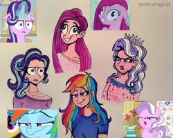 Size: 3900x3120 | Tagged: safe, artist:valeriamagicart, edit, edited screencap, screencap, character:diamond tiara, character:pinkamena diane pie, character:pinkie pie, character:rainbow dash, character:starlight glimmer, species:human, episode:crusaders of the lost mark, episode:marks for effort, episode:party of one, episode:stranger than fanfiction, g4, my little pony: friendship is magic, :i, arin hanson face, faec, humanized, i mean i see, scene interpretation, screencap reference, smug, smugdash, traditional art