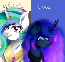 Size: 1400x1339 | Tagged: safe, artist:diamondgreenanimat0, character:princess celestia, character:princess luna, amazing, blue background, collaboration, female, moon, siblings, simple background, sisters, style emulation, sun, tongue out, white outline, yellow background