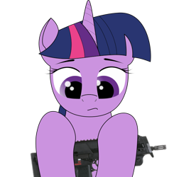 Size: 668x683 | Tagged: safe, artist:zocidem, character:twilight sparkle, species:alicorn, species:pony, female, gun, heckler and koch, mp7, simple background, solo, submachinegun, transparent background, vector, weapon
