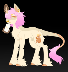 Size: 1400x1500 | Tagged: safe, artist:lepiswerid, oc, oc only, oc:cream soda (lepiswerid), species:classical unicorn, species:pony, species:unicorn, black background, chest fluff, cloven hooves, cutie mark, drink, drinking, drinking straw, dyed hair, dyed mane, ear piercing, faded, femboy, full body, glowing horn, horn, jewelry, leonine tail, magic, magic aura, male, nose piercing, nose ring, piercing, simple background, solo, stallion, unshorn fetlocks, wig