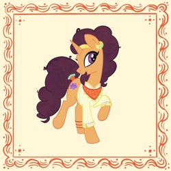 Size: 2048x2048 | Tagged: safe, artist:pfeffaroo, character:saffron masala, species:pony, species:unicorn, episode:spice up your life, g4, my little pony: friendship is magic, clothing, ear piercing, earring, female, frame, head turn, high res, jewelry, looking at you, mare, open mouth, piercing, raised hoof, smiling, solo, standing
