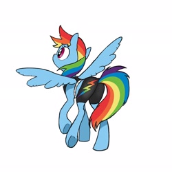 Size: 2048x2048 | Tagged: safe, artist:pfeffaroo, character:rainbow dash, species:pegasus, species:pony, clothing, female, high res, mare, midriff, shorts, simple background, solo, sports shorts, spread wings, white background, wings