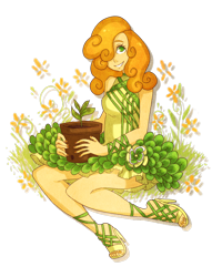 Size: 680x890 | Tagged: safe, artist:ssenarrya, character:carrot top, character:golden harvest, clothing, female, flower, hair over one eye, holding, humanized, looking at you, potted plant, simple background, sitting, smiling, solo, transparent background