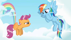 Size: 1280x717 | Tagged: safe, artist:mlplary6, character:rainbow dash, character:scootaloo, species:pegasus, species:pony, flying, scootaloo can fly, scrunchy face