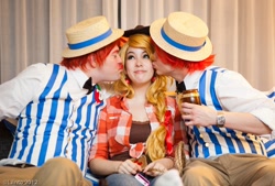 Size: 900x607 | Tagged: safe, artist:iobject, artist:xsoulxxxreaperx, character:applejack, character:flam, character:flim, species:human, 2012, convention, cosplay, flim flam brothers, irl, irl human, kiss on the cheek, kiss sandwich, kissing, momocon, photo, sitting