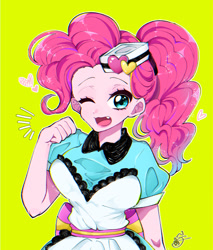 Size: 768x900 | Tagged: safe, artist:raimugi____, character:pinkie pie, episode:coinky-dink world, eqg summertime shorts, g4, my little pony: equestria girls, my little pony:equestria girls, carhop, chromatic aberration, clothing, cute, cute little fangs, diapinkes, dress, fangs, female, green background, hat, heart, looking at you, one eye closed, open mouth, pixiv, server pinkie pie, simple background, solo, wink