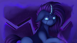 Size: 2118x1188 | Tagged: safe, artist:batsdisaster, oc, oc only, oc:abyssdrainer, species:pony, species:unicorn, augmented, bicorn, biohacking, colored sclera, cyber, cyberpunk, glowing eyes, horn, looking at you, magic, magic aura, male, multiple horns, solo, stallion