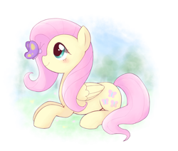 Size: 3193x2714 | Tagged: safe, artist:ginmaruxx, character:fluttershy, species:pegasus, species:pony, blushing, butterfly, cute, female, folded wings, high res, looking at something, mare, pixiv, profile, prone, shyabetes, smiling, solo, wings