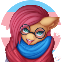 Size: 714x714 | Tagged: safe, artist:batsdisaster, character:fluttershy, species:pegasus, species:pony, blushing, cute, fangs, female, glasses, green eyes, piercing, pride, pride flag, race swap, shyabetes, smiling, solo, tongue out, tongue piercing, transgender pride flag, vampire, vampony