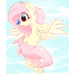 Size: 1500x1500 | Tagged: safe, artist:glazirka, character:fluttershy, species:pegasus, species:pony, butterfly, butterfly on nose, chest fluff, cute, ear fluff, female, flying, glazirka is trying to murder us, head turn, insect on nose, leg fluff, looking at something, mare, profile, shyabetes, sky, smiling, solo, spread wings, wings