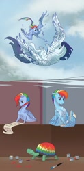 Size: 1280x2609 | Tagged: safe, artist:varwing, character:rainbow dash, character:soarin', character:tank, oc, oc:rainbow brush, species:pony, ship:soarindash, colored wings, colored wingtips, female, male, scroll, shipping, straight
