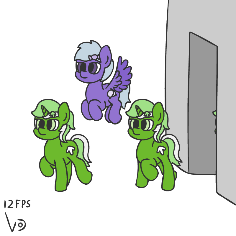 Size: 800x800 | Tagged: safe, artist:vohd, oc, oc:comment, oc:downvote, oc:favourite, oc:upvote, species:alicorn, species:earth pony, species:pegasus, species:pony, species:unicorn, derpibooru, derpibooru ponified, animated, flying, frame by frame, meta, ponified, simple background, walking