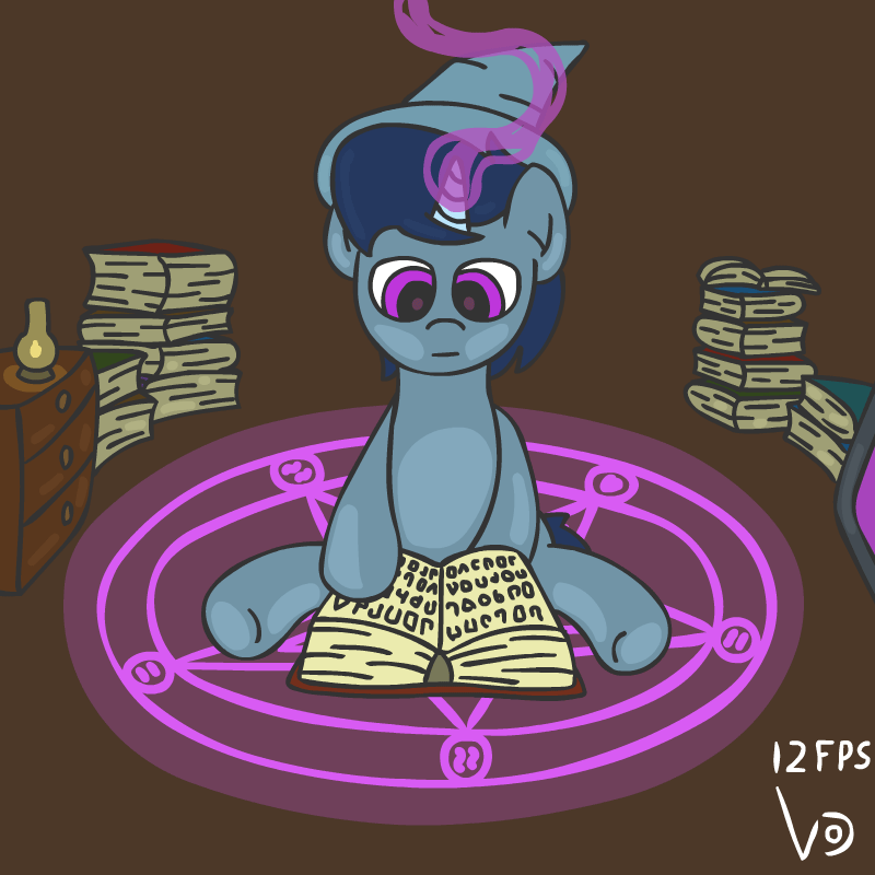 Size: 800x800 | Tagged: safe, artist:vohd, oc, oc only, oc:shinystar, species:pony, species:unicorn, animated, book, clothing, commission, frame by frame, hat, lamp, magic, magic circle, page, reading, sitting, solo, underhoof