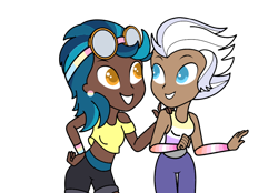 Size: 1024x713 | Tagged: safe, artist:icey-wicey-1517, artist:kb-gamerartist, edit, character:indigo zap, character:night glider, species:human, armband, clothing, collaboration, color edit, colored, dark skin, ear piercing, earring, female, goggles, grin, humanized, indiglider, jewelry, lesbian, lesbian pride flag, looking at each other, midriff, nonbinary, nonbinary pride flag, pansexual, pansexual pride flag, pants, piercing, pride, pride flag, shipping, shirt, shorts, simple background, smiling, sweatband, t-shirt, tank top, transparent background, wristband