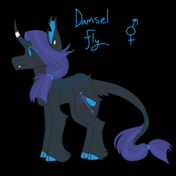 Size: 1000x1000 | Tagged: safe, artist:lepiswerid, oc, oc:damsel fly, species:changeling, species:pony, species:unicorn, black background, cloven hooves, cutie mark, disguise, disguised changeling, ear piercing, fangs, hair tie, horn, horn ring, jewelry, leonine tail, piercing, simple background, solo