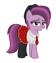 Size: 2652x2962 | Tagged: safe, artist:chomakony, oc, oc only, oc:ruby geminis, species:earth pony, species:pony, bedroom eyes, clothing, covered cutie mark, crossed hooves, earth pony oc, female, hat, lidded eyes, looking at you, mare, schoolgirl, show accurate, simple background, skirt, smiling, smiling at you, smug, socks, solo, transparent background