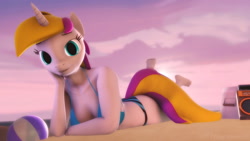 Size: 1920x1080 | Tagged: safe, artist:gr-vinyl-scratch, oc, oc:sprinkles, species:anthro, 3d, barefoot, beach, beach ball, bikini, boombox, breasts, cleavage, clothing, cooler, feet, female, source filmmaker, swimsuit, the pose