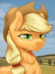 Size: 1024x1379 | Tagged: safe, artist:dukevonkessel, character:applejack, species:earth pony, species:pony, chest fluff, ear fluff, female, looking at you, mare, solo, straw in mouth