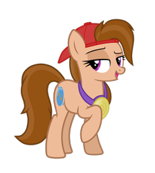 Size: 2652x2962 | Tagged: safe, artist:chomakony, oc, oc only, oc:kiranne spell, species:earth pony, species:pony, bedroom eyes, cap, clothing, earth pony oc, female, gold, hat, jewelry, lidded eyes, mare, necklace, raised hoof, show accurate, simple background, smiling, solo, transparent background