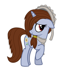 Size: 2652x2962 | Tagged: safe, artist:chomakony, oc, oc only, oc:scarymaid, species:pony, species:unicorn, brown mane, female, floppy ears, flower, hair over one eye, head turn, horn, mare, raised hoof, red eyes, show accurate, simple background, smiling, solo, transparent background, unicorn oc