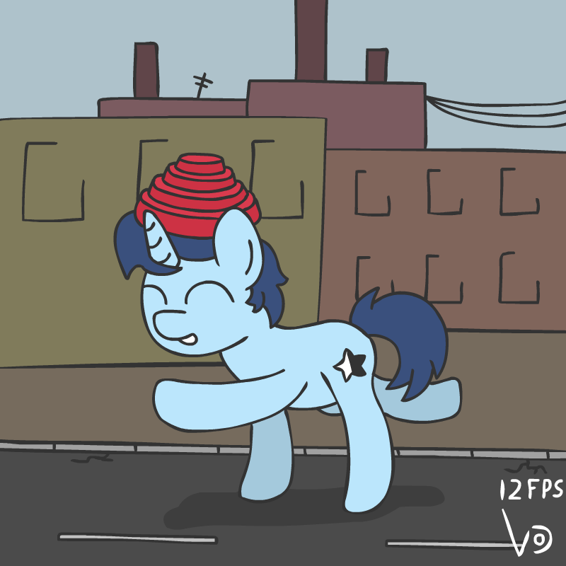 Size: 800x800 | Tagged: safe, artist:vohd, oc, oc only, oc:shinystar, species:pony, species:unicorn, animated, clothing, commission, cute, dancing, devo, energy dome, factory, frame by frame, hat, male, road, solo, squigglevision, street