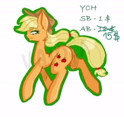 Size: 5794x5461 | Tagged: safe, artist:vaiola, character:applejack, species:earth pony, species:pony, advertisement, apple, butt, clothing, colored, commission, female, food, freckles, full body, hat, long hair, long mane, looking back, running, seductive, seductive look, sexy, simple background, sketch, smiling, solo, white background, ych example, ych sketch, your character here