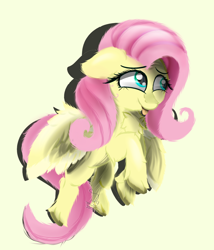 Size: 1200x1400 | Tagged: safe, artist:diamondgreenanimat0, character:fluttershy, species:pegasus, species:pony, chest fluff, colors, female, floppy ears, flower, fluffy, green eyes, hoof fluff, looking away, mare, pretty, rose, simple background, smiling, solo, spread wings, tongue out, unshorn fetlocks, wing fluff, wings, yellow background