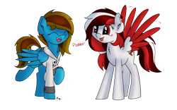Size: 1600x1000 | Tagged: safe, artist:ponynamedmixtape, oc, oc only, oc:memeancholy, oc:peppermint, species:pegasus, species:pony, clothing, duo, female, jacket, onomatopoeia, raspberry, raspberry noise, silly, simple background, tongue out, transparent background