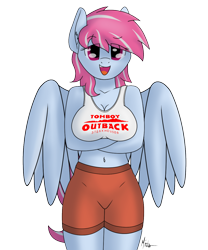 Size: 1000x1200 | Tagged: safe, artist:ponynamedmixtape, oc, oc only, oc:evening skies, species:anthro, species:pegasus, species:pony, breasts, clothing, female, short shirt, shorts, simple background, solo, tomboy, tomboy outback, transparent background