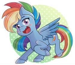 Size: 1024x896 | Tagged: safe, artist:kingkero, character:rainbow dash, species:pegasus, species:pony, my little pony:pony life, abstract background, alternate hairstyle, backwards cutie mark, blushing, hoof fluff, open mouth