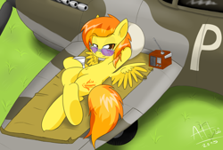 Size: 1450x980 | Tagged: safe, artist:average-hanzo, character:spitfire, species:pegasus, species:pony, g4, aircraft, belly button, eyebrows, eyebrows visible through hair, female, fighter, hooves, looking at you, lying down, mare, namesake, plane, radio, signature, solo, spread wings, sunglasses, supermarine spitfire, wings