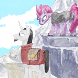 Size: 2048x2048 | Tagged: safe, artist:pfeffaroo, character:chancellor neighsay, character:tempest shadow, species:pony, species:unicorn, bag, broken horn, clothing, duo, female, horn, male, mare, mountain, saddle bag, scenery, stallion