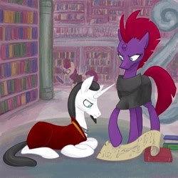 Size: 2048x2048 | Tagged: safe, artist:pfeffaroo, character:chancellor neighsay, character:moondancer, character:tempest shadow, species:pony, species:unicorn, book, bookshelf, broken horn, clothing, female, horn, library, male, mare, reading, scroll, stallion