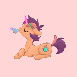 Size: 2048x2048 | Tagged: safe, artist:pfeffaroo, oc, oc only, oc:kettle chip, ponysona, species:pony, species:unicorn, cup, eyes closed, female, hair accessory, magic, mare, simple background, sipping, solo, teacup, telekinesis