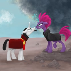 Size: 2048x2048 | Tagged: safe, artist:pfeffaroo, character:chancellor neighsay, character:fizzlepop berrytwist, character:tempest shadow, species:pony, species:unicorn, angry, broken horn, clothing, duo, faceoff, female, floppy ears, horn, male, mare, scenery, stallion