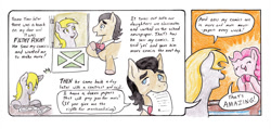 Size: 990x473 | Tagged: safe, artist:lost marbles, character:derpy hooves, character:filthy rich, character:pinkie pie, species:earth pony, species:pegasus, species:pony, comic:derpy - stripper extraordinaire, colored pencils, comic, comic strip, dialogue, traditional art