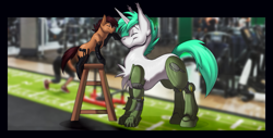 Size: 1077x546 | Tagged: safe, artist:coillte, oc, oc only, oc:grease pan, oc:wireless fuzz, species:earth pony, species:pony, species:unicorn, boop, cyborg, eyes closed, female, mare, size comparison, step stool