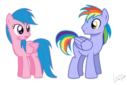 Size: 1200x800 | Tagged: safe, artist:luuandherdraws, character:firefly, character:rainbow blaze, species:pegasus, species:pony, ship:fireblaze, g1, blush sticker, blushing, female, g1 to g4, generation leap, headcanon, male, rainbow mom, shipping, simple background, straight, transparent background, vector