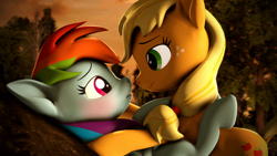 Size: 3840x2160 | Tagged: safe, artist:psfmer, character:applejack, character:rainbow dash, species:earth pony, species:pegasus, species:pony, ship:appledash, 3d, blushing, female, legs in air, lesbian, looking at each other, mare, on back, rock, shipping, sky, source filmmaker, sunset, tree