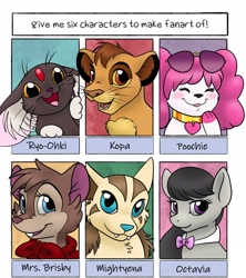Size: 2010x2267 | Tagged: safe, artist:helicityponi, character:octavia melody, species:anthro, species:dog, species:earth pony, species:pony, species:rabbit, animal, anthro with ponies, big cat, blushing, bow tie, cat, clothing, collar, crossover, don bluth, female, hybrid, hyena, kopa, lion, mare, mightyena, mrs. brisby, pokémon, poochie, ryo-ohki, six fanarts, smiling, sunglasses, tenchi muyo, the lion guard, the secret of nimh, whiskers