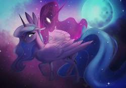 Size: 1064x744 | Tagged: safe, artist:finchina, character:princess luna, character:tantabus, species:alicorn, species:pony, duality, ethereal mane, female, full moon, mare, moon, nebula, stars