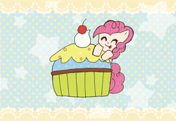 Size: 2122x1461 | Tagged: safe, artist:rai_ra, character:pinkie pie, cupcake, cute, eyes closed, female, food, smiling, solo, tongue out